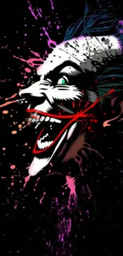 Vibrant Joker art with colorful splashes on black background.