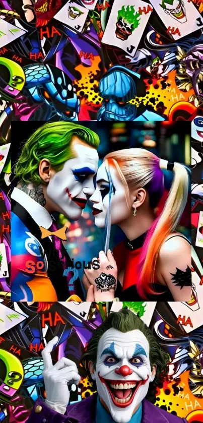 Vibrant Joker and Harley Quinn comic art wallpaper.