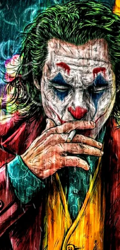 Vibrant Joker art wallpaper with dramatic colors and lighting.