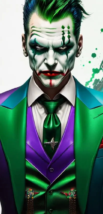 Joker in a vibrant purple and green suit with a colorful art style.