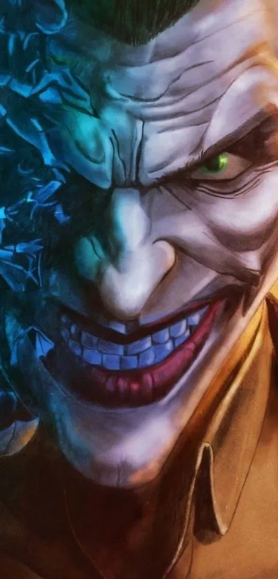 Joker with vivid colors and intense expression in a mobile wallpaper.