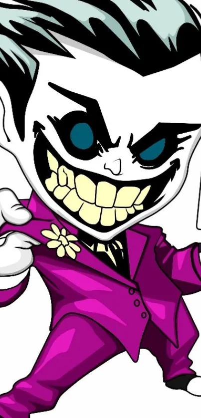 Cartoon Joker with purple suit holding a card