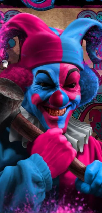 Vibrant joker clown holding a mallet with colorful background.