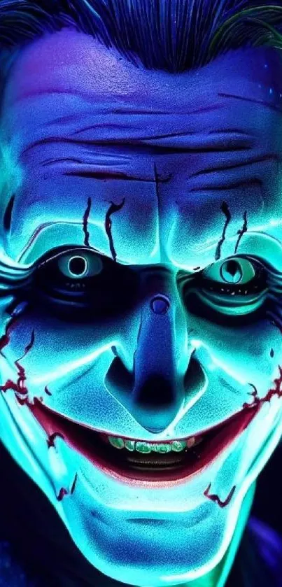 Vivid Joker face with neon colors and intense expression in mobile wallpaper.