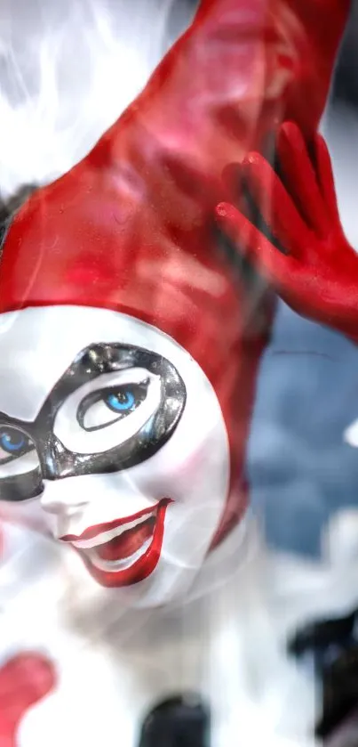 Vibrant artistic jester with red and black theme.