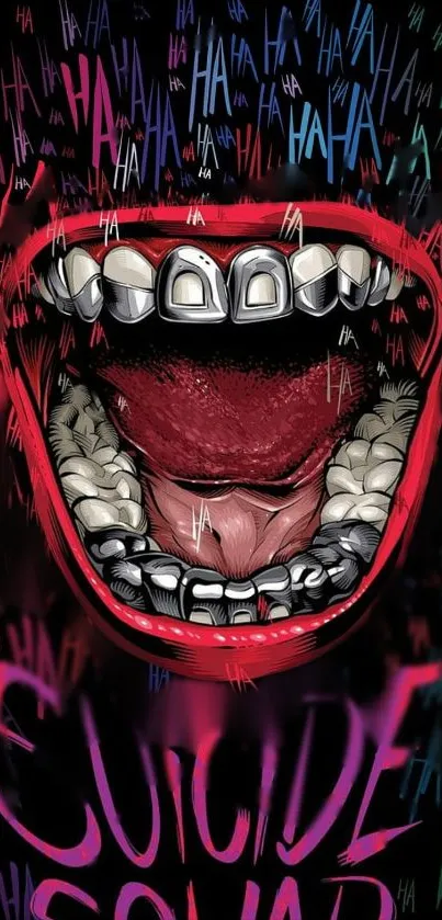 Vivid Joker mouth art with chaotic colors.