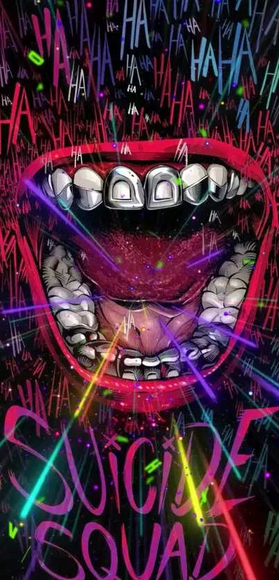 Vibrant Joker mouth art with neon colors and Suicide Squad theme.