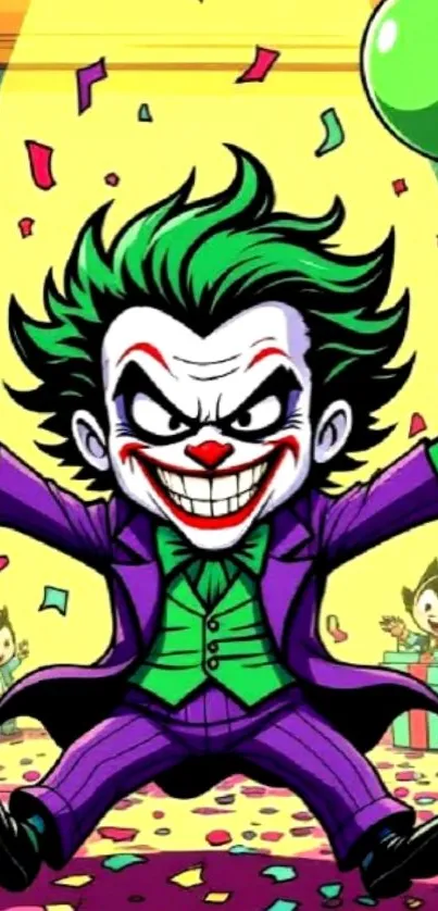 Cartoon Joker character celebrating in colorful party setting.