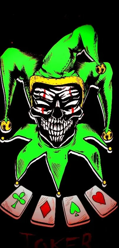 Vibrant Joker skull with neon green jester hat and playing cards on dark background.