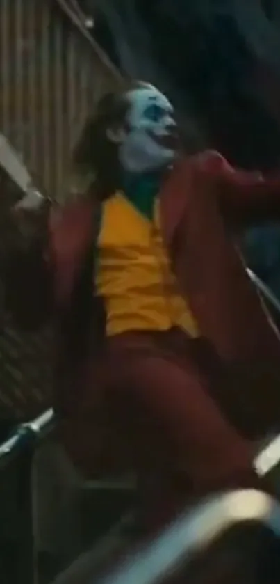 Joker dancing on stairs in vibrant suit.