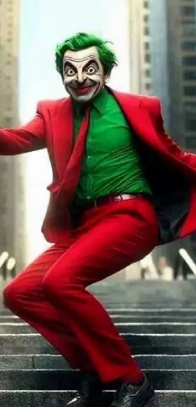 Joker-inspired character in red and green suit on urban steps.