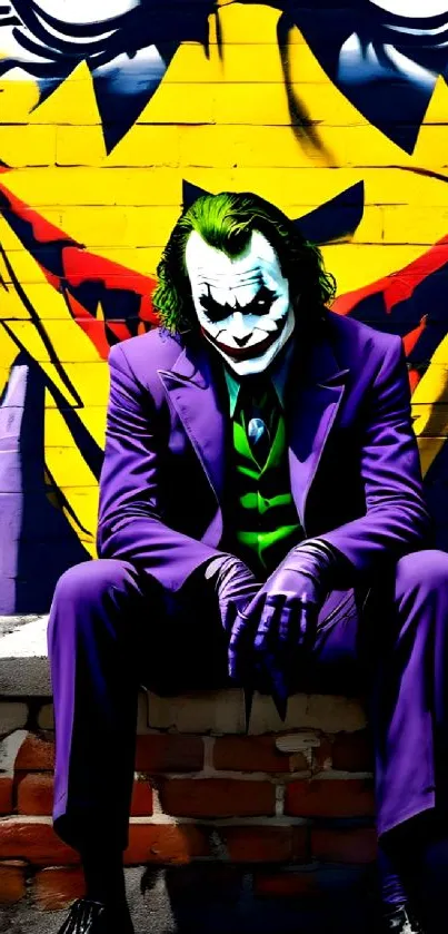 Joker sits against a vibrant graffiti wall with bold yellow and purple colors.