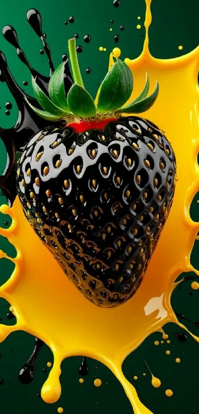 Black strawberry with vibrant yellow splash on green background.