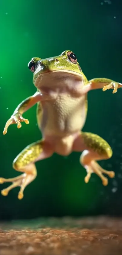 Dynamic frog leaping with a vibrant green background, perfect for mobile wallpaper.