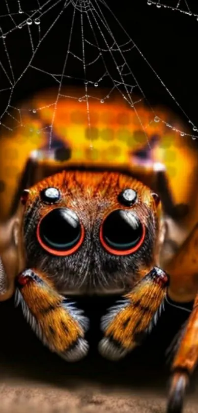 Vivid jumping spider on web with detailed design in orange hues.