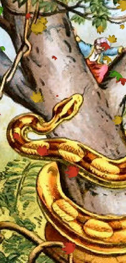 Illustration of a yellow snake coiled around a tree with people watching.