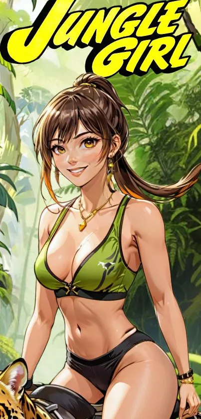 Anime girl in jungle setting with vibrant greenery.