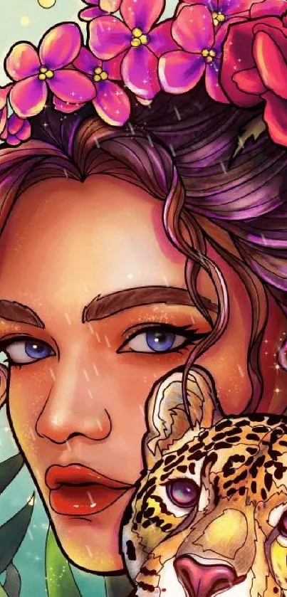Woman with flower crown and leopard in jungle art wallpaper.