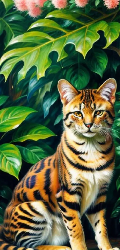 Striped jungle cat with lush green foliage and pink flowers.