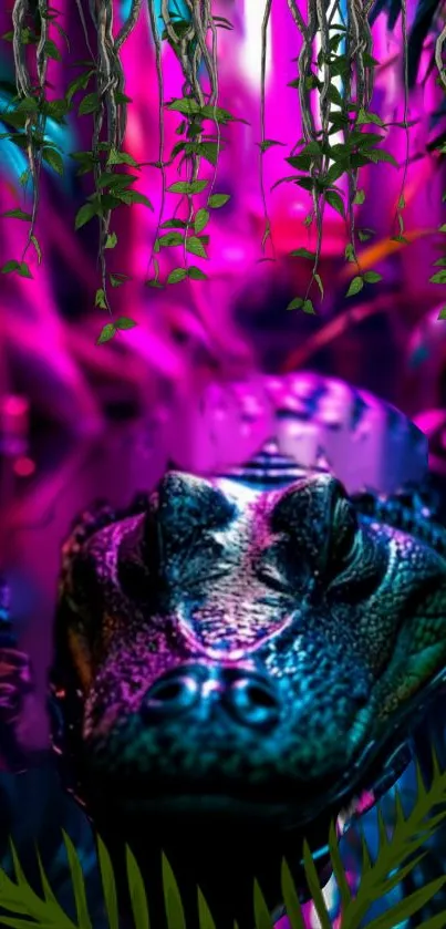 Colorful jungle crocodile in neon lighting with lush greenery.