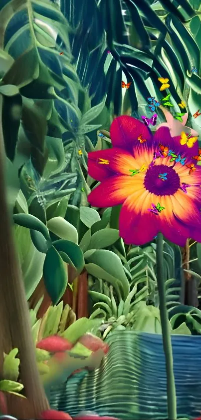 Vibrant jungle wallpaper with colorful flower and lush greenery.