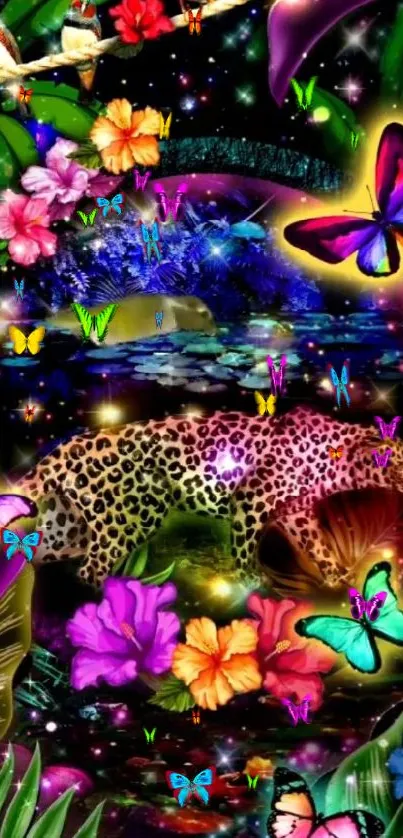 Colorful jungle scene with leopard and butterflies.