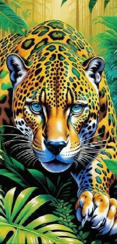 Striking leopard in lush jungle setting, colorful art.