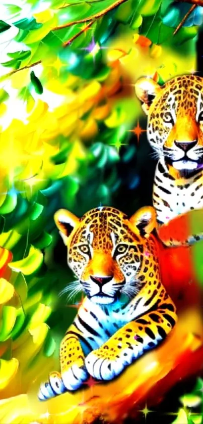 Vibrant leopard illustration in jungle setting.