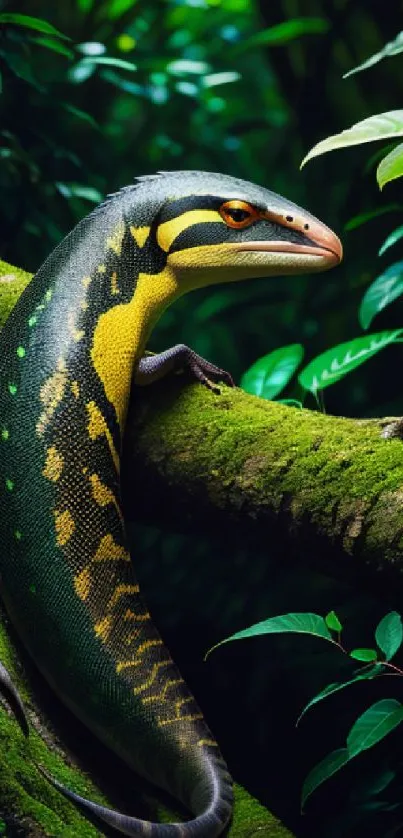 Colorful jungle lizard on a mossy branch, rich in natural greens.