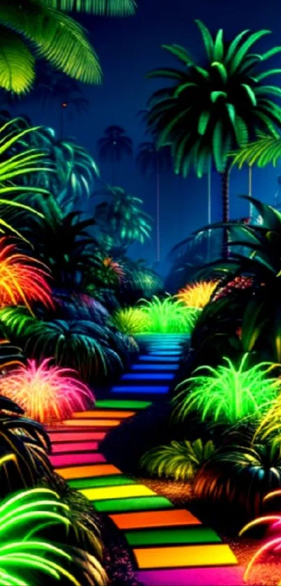 Colorful neon path through glowing tropical jungle plants wallpaper.