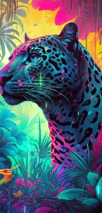 Vibrant jungle artwork with neon colors and a majestic panther.