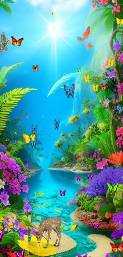 Vibrant jungle scene with butterflies and lush greenery.