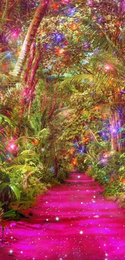 Vibrant jungle path with colorful lights and lush greenery.