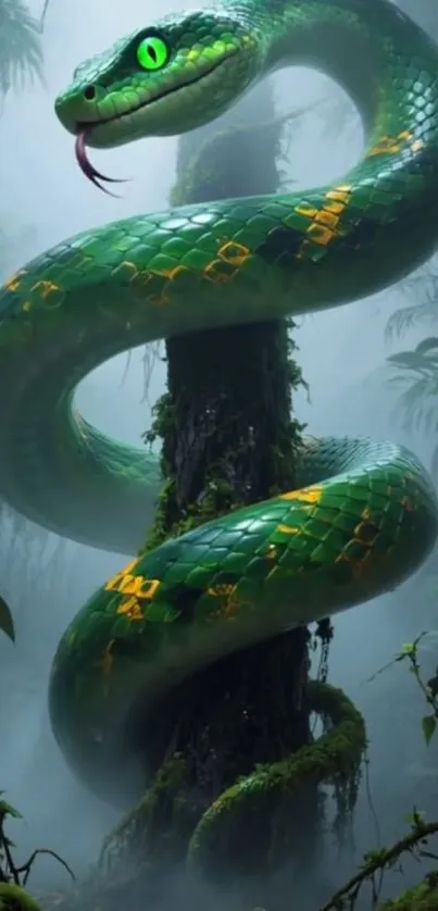 Green serpent coiled around tree in lush jungle setting.