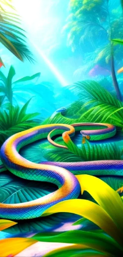 Colorful snake in vibrant jungle setting wallpaper.