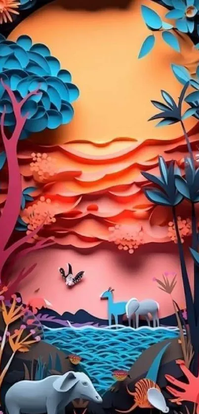 Vibrant jungle sunset wallpaper with abstract animals and lush foliage.