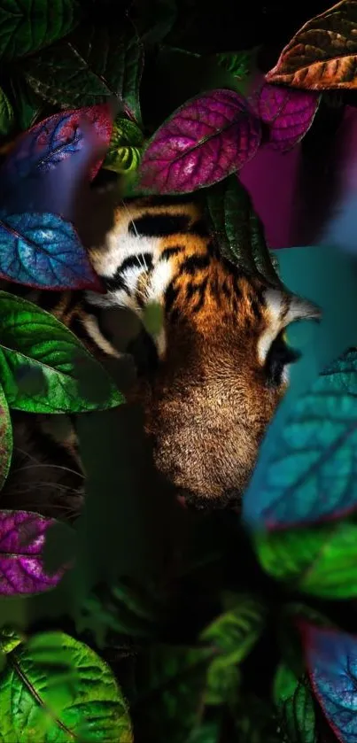 Vibrant tiger peeking through colorful jungle leaves.