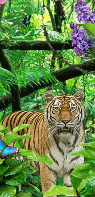 Tiger in a lush green jungle with vibrant butterflies.