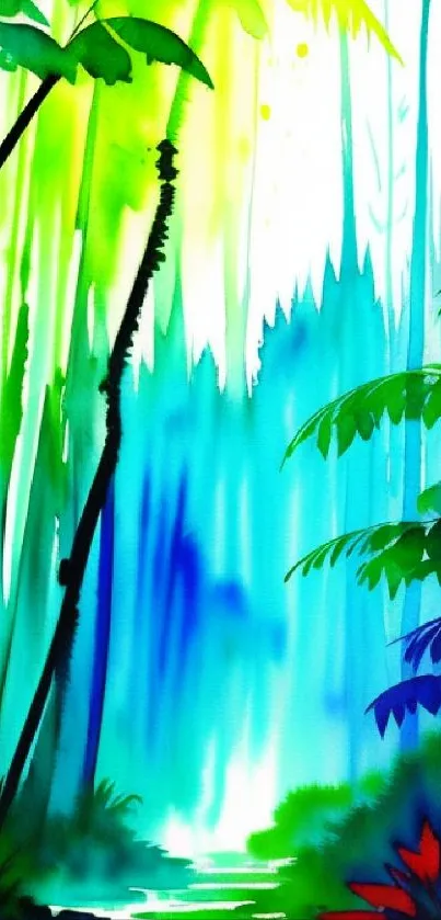 Vibrant watercolor jungle scene with lush greenery.