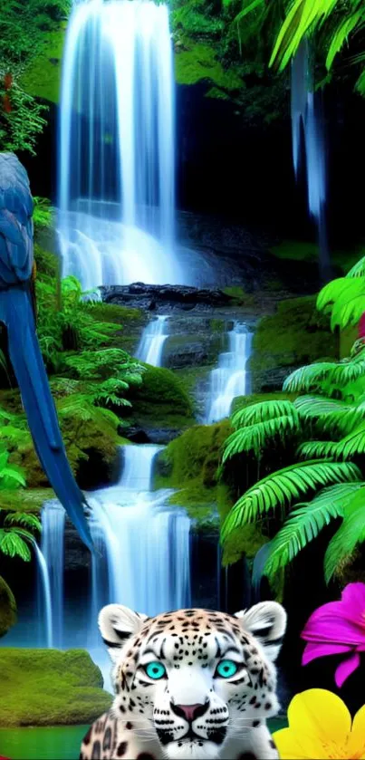 Vibrant jungle waterfall with flowers and leopard.
