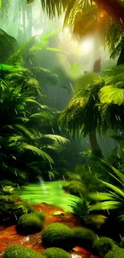 Lush green jungle with waterfall and radiant sunlight.