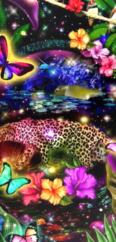 Vibrant jungle scene with leopard and butterflies.