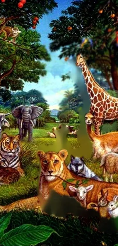 Vibrant wildlife art with jungle animals and lush greenery.