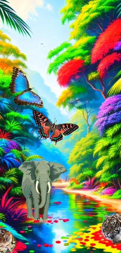 Vibrant jungle wallpaper with exotic animals and bright foliage.