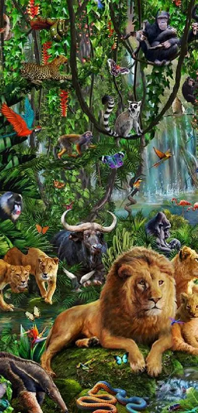 Vivid jungle scene with lions, monkeys, and colorful birds in a lush forest.