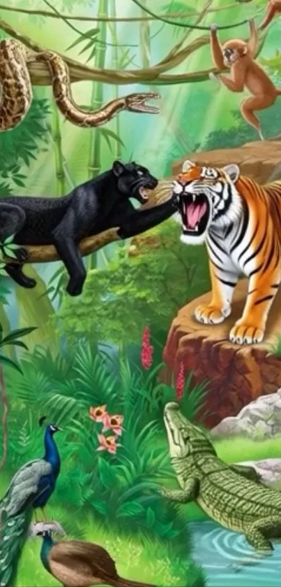 Jungle scene with tiger, leopard, peacocks, and more.