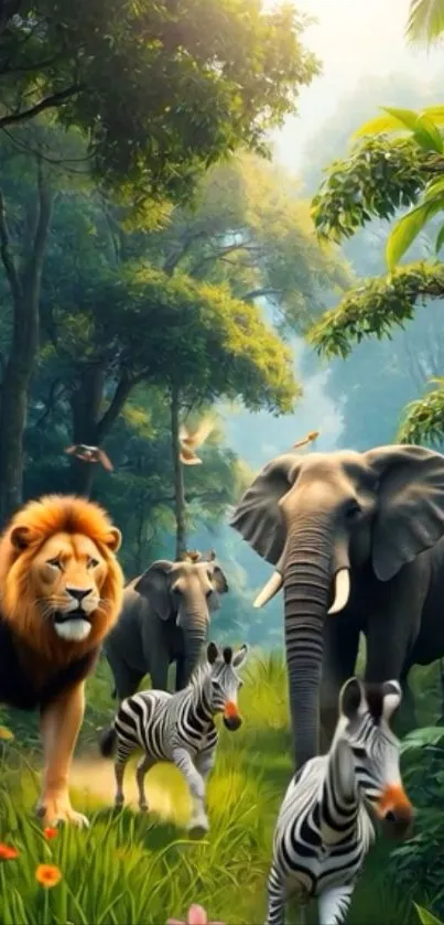 Lion, elephant, and zebras in a lush jungle scene.