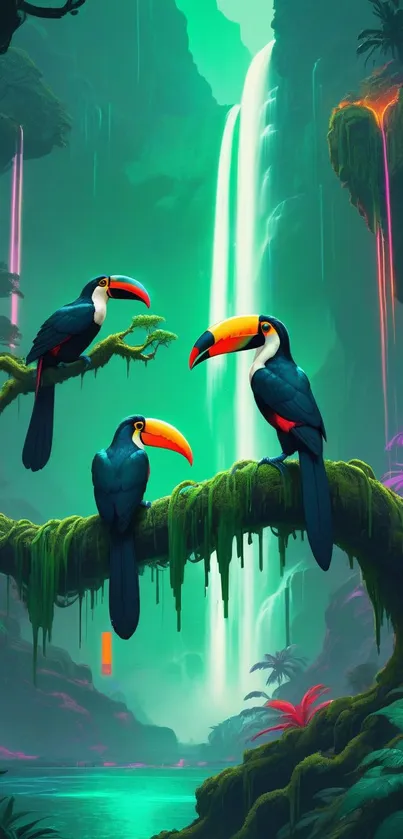 Toucans in vibrant jungle with waterfall.