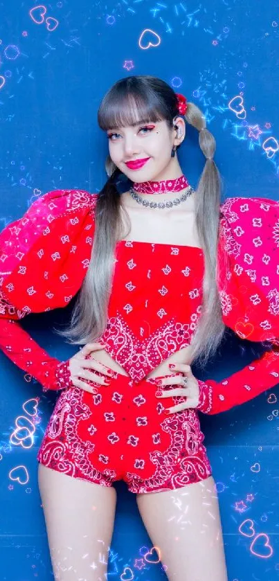 K-Pop fashion with red outfit on blue background.