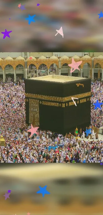 The Kaaba surrounded by a large crowd with vibrant stars overhead.